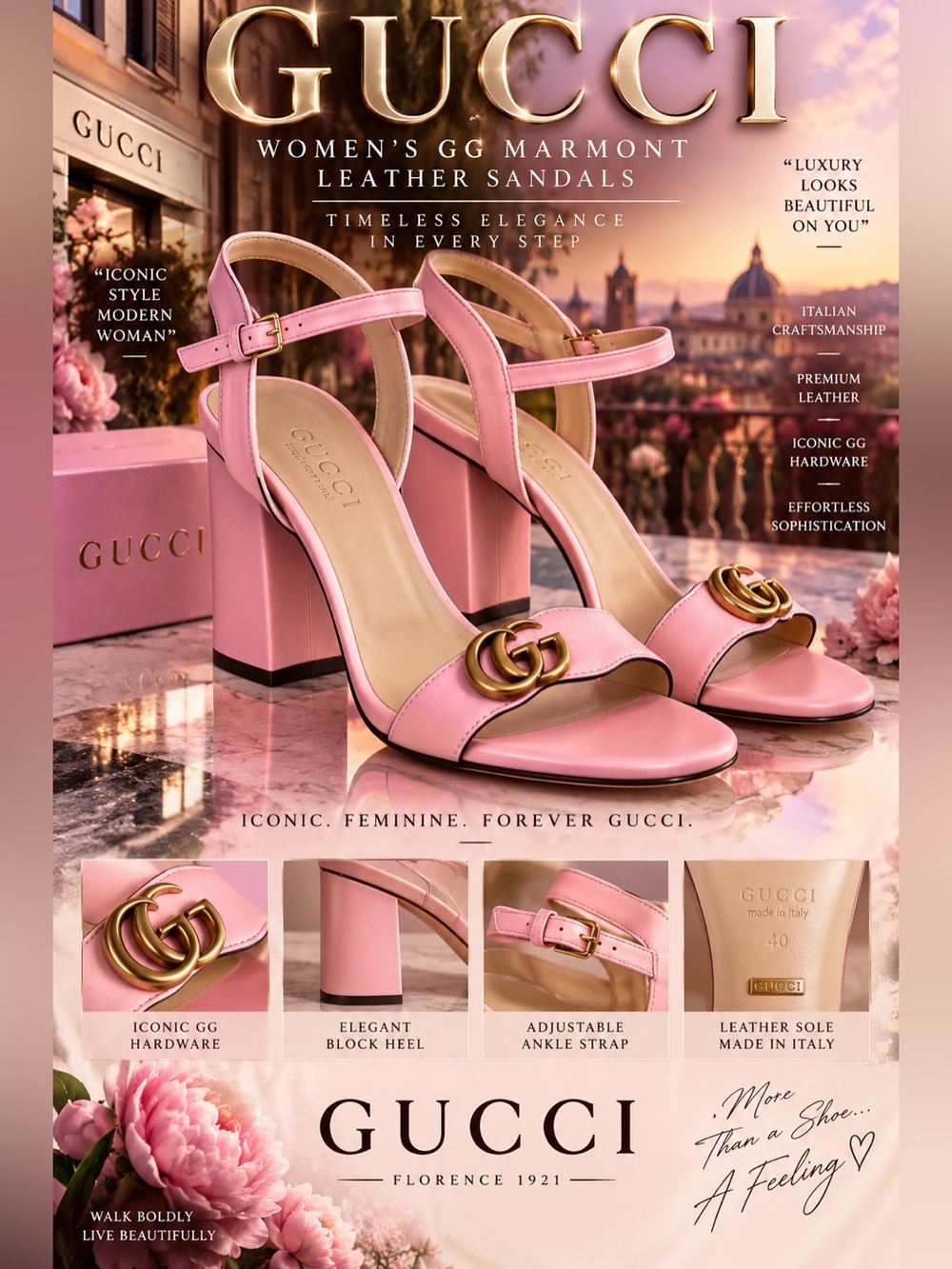 New!🔥Gucci Pink Leather Mid-Block Heel Sandals with Gold GG!🔥